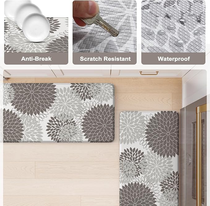 KIMODE Anti Fatigue Mats for Kitchen Floor Cushioned Kitchen Rugs Sets of 2 | 17"x47"+17"x29",Grey,Dahlia Floral Boho,Non Slip Rubber Backing,Waterproof,Wipe Clean,Standing Mat for Office Laundry Sink