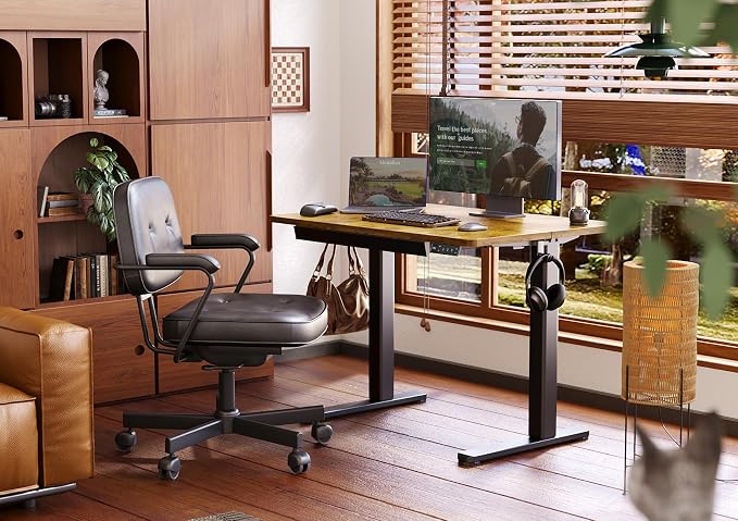 YDN Electric Standing Desk with Drawer 40 Inch Rustic Brown | Industrial steel frame supports 176 lbs, 28.3 to 46.5 inch height range, quiet 45 dB motor, 25.6 x 12.6 inch storage drawer