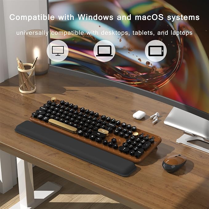 MPTOG Colorful Wireless Computer Keyboard and Mouse Combo with Round Typewriter Keycaps, Retro Design, Power Switch, Ergonomic Design, 2.4GHz Wireless for Windows, Mac, PC(Black-Brown)