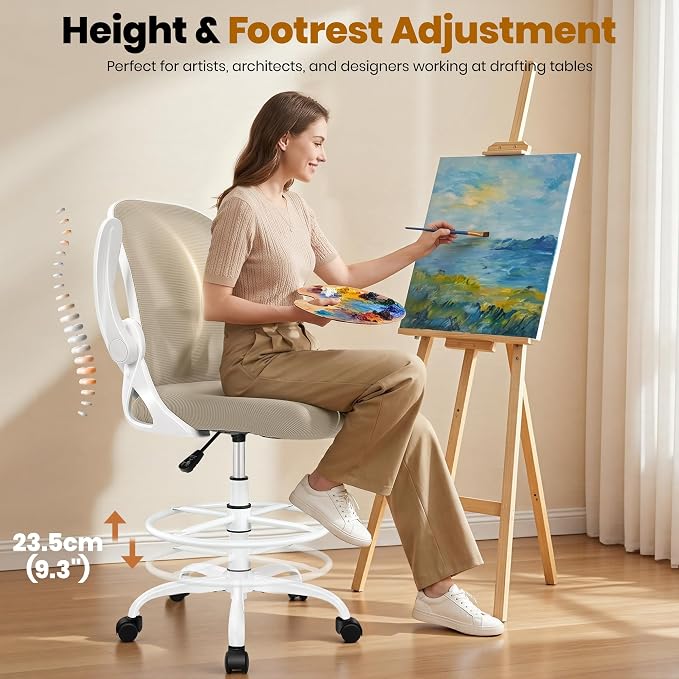 Primy Drafting Chair Tall Office Chair with Flip-up Armrests Executive Ergonomic Computer Standing Desk Chair with Lumbar Support and Adjustable Footrest Ring（Khaki）