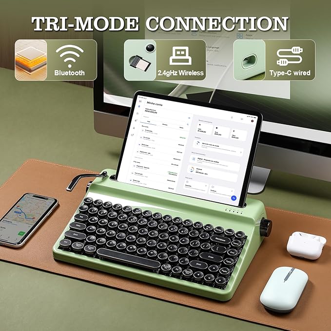 YUNZII QL75 Wireless Typewriter Hot Swap Retro Mechanical Keyboard,Punk Round Keycaps,RGB Backlit QMK/VIA Programmable,Multi-Device Keyboard with 2.4GHz/Type-C/BT5.0 (Green, Onyx Switch)