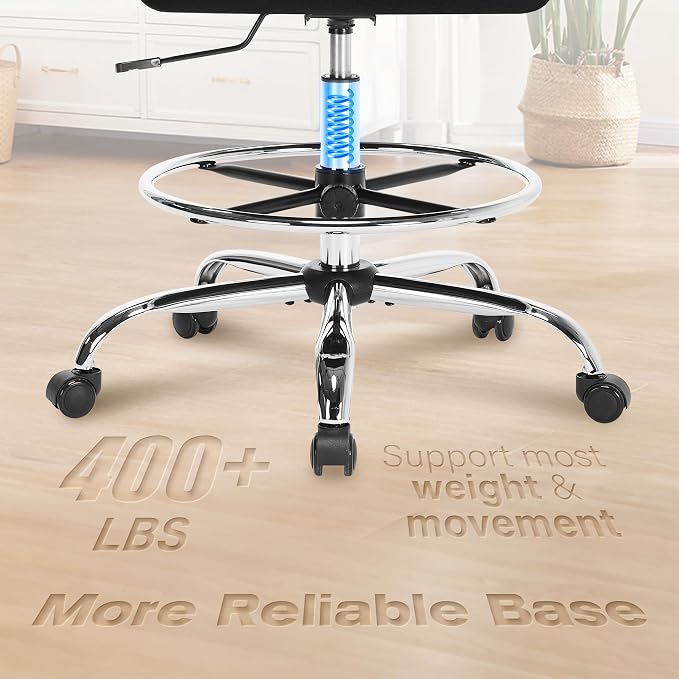 400LBS Drafting Chair,Executive Tall Office Chair with Adjustable Lumbar Support Foot Ring,Comfy W-Shape Thicken Cushion Mesh Chair,Task Chair Padded Flip-up Armrest for Home Office,Black