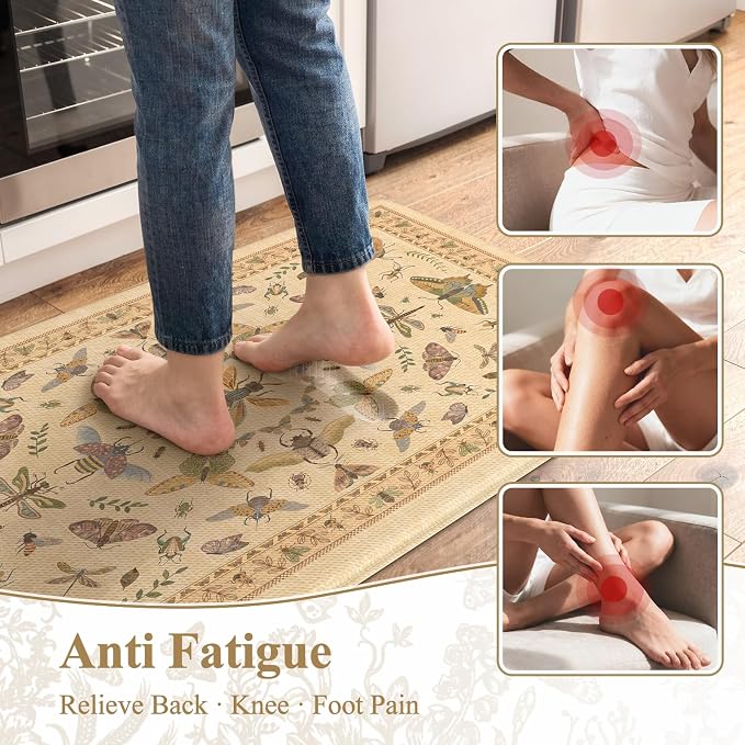 KIMODE Kitchen Mats for Floor 2 Piece Anti Fatigue Cushioned Kitchen Rugs | 17 x29+17"x47", Beige,Vintage Butterfly,Non Slip Waterproof,Memory Foam,Standing Mats,for Laundry Sink Office Home Decor