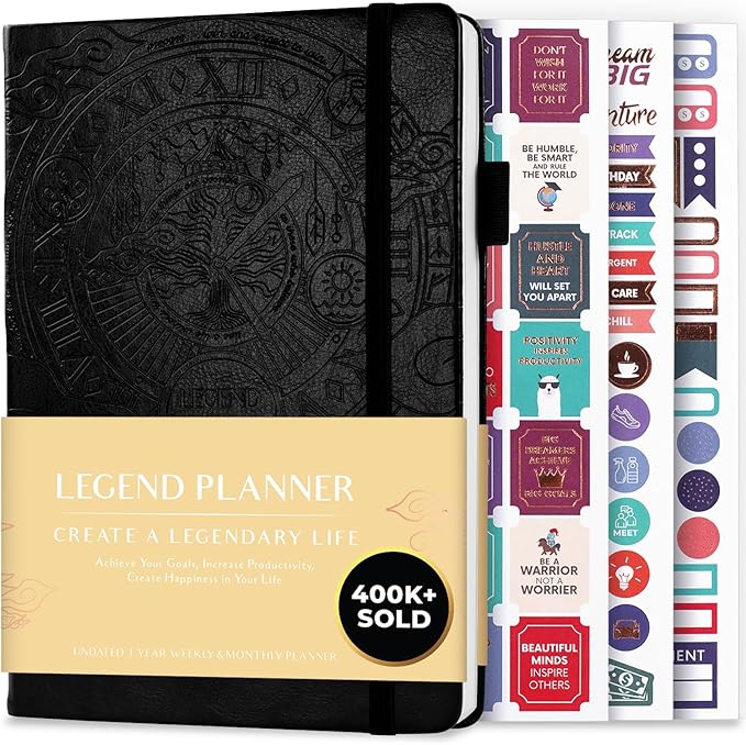 Legend Undated Weekly Planner – Goal Planner Journal & Organizer Notebook – Agenda Book with Monthly Calendar & To-Do List, A5 (Black)