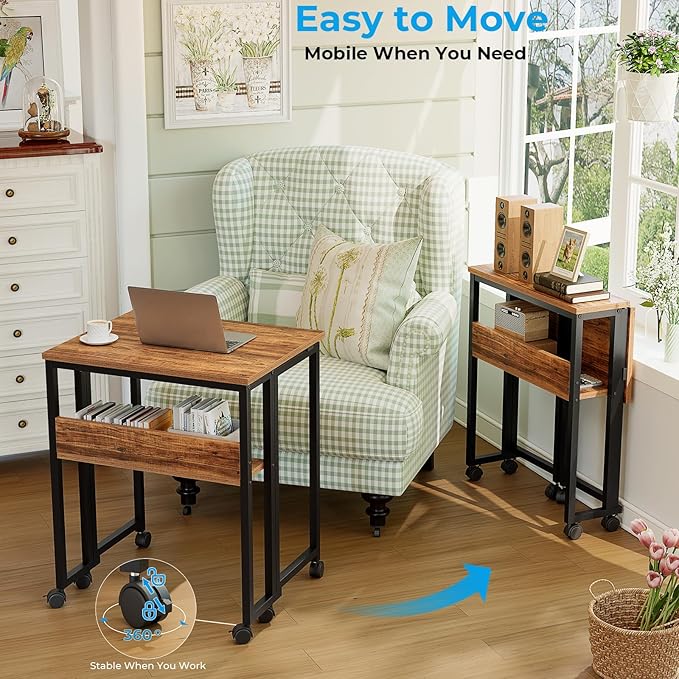 GreenForest Folding Desk Small Rolling Desk with Storage Shelf, 24.8 inch Foldable Computer Desk with Wheels for Small Space, Easy Assembly,Walnut