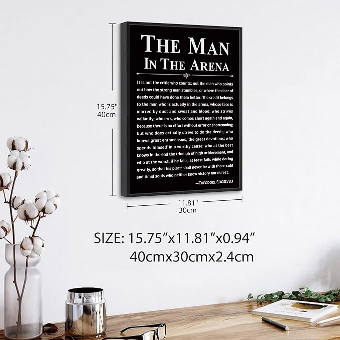 Howwii Office Wall Art Inspirational Decor The Man in the Arena Framed 12’’x16’’ Motivational Positive Quote Print Canvas Wall Decor Gift for Men&Women (Black)