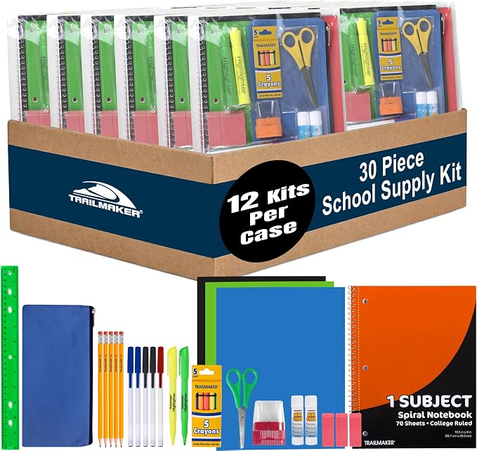 Trailmaker 12 Pack Bulk School Supply Kits | 30 Piece Classroom Supply Sets for Elementary & Middle School | Notebooks, Pencils, Crayons & Essentials | Ideal for Schools, Nonprofits, Charities & Donation Programs