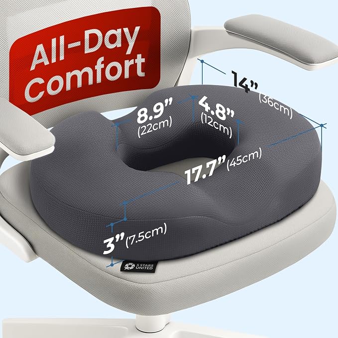 5 STARS UNITED Donut Pillow for Tailbone Pain & Hemorrhoids – Large Memory Foam Seat Cushion for Bed Sore-Prone Areas & Pressure Relief – Prostate, Postpartum & Pregnancy Support, Gray Mesh Cover