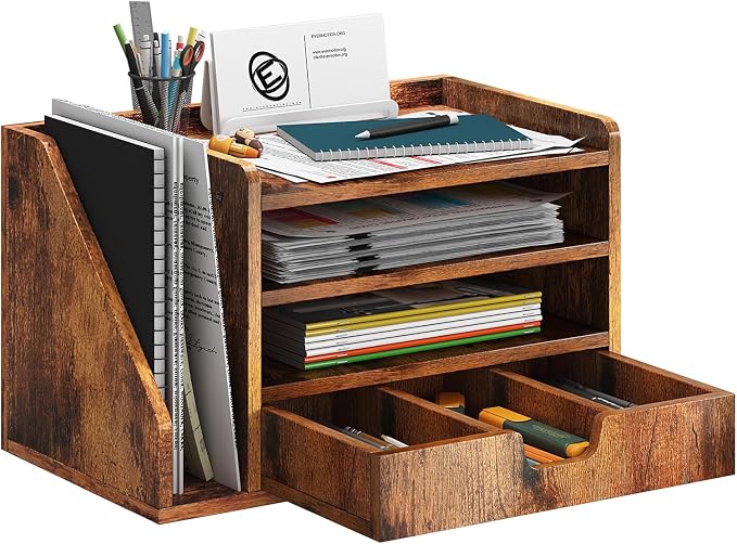 Wood Desk File Organizer with Side File Rack, Space-Efficient Design Easy to Assemble for Efficient Office Setup, Reduces Desk Clutter (Brown)