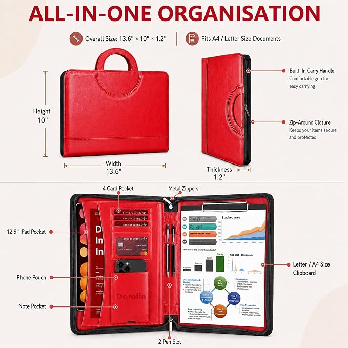 Darolin Vegan Leather Padfolio Portfolio with Handle, Zipper -Red | Business Portfolio Organizer for Meetings, Interviews, Travel, Resume, Clipboard Fits A4, Letter Size, Padfolio for Men Women