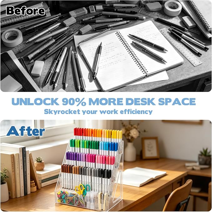 5 Tier Acrylic Desk Organizer with 25 Compartments Clear Pen Holder for Pens Pencils Markers and Art Supplies Large Capacity Desk Storage Rack for Home Classroom Office and Art Studio