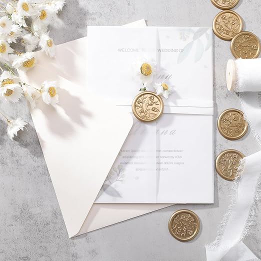 UNIQOOO Wax Seal Stickers - 3D Floral Wedding Invitation Envelope Seal Sticker, 50 Pcs Self- Adhesive Prosecco Metallic Light Gold Flower Stickers, Perfect for Invitation, Christmas, Gift Wrapping