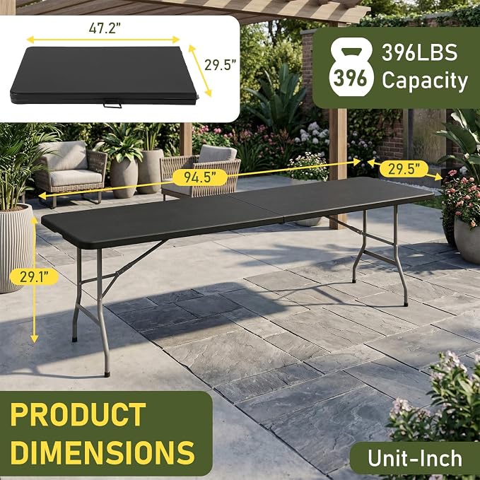 BestOffice 8 FT Picnic Table Plastic Camping Table Portable Square Height Folding Table Perfect for Picnics, Parties, Party and Camping, Black
