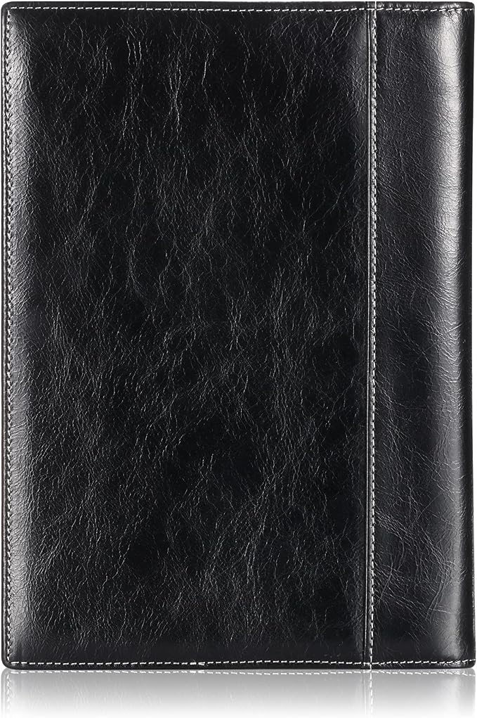 HISCOW Slim Leather Junior Padfolio, 5x8 Notepad Cover, Antiqued Black | Full-grain buffalo leather, top-loading legal pad holder, rigid pen loop, quick-access card slot, zipperless boardroom design
