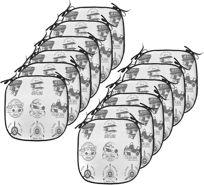 Lunarable Airplane Chair Cushion Pads Set 12, Airplane Emblems Biplane Aviation Stamps in Greyscale Tones, Anti-Slip Seat Padding for Kitchen & Patio, 16"x16", Charcoal Grey White