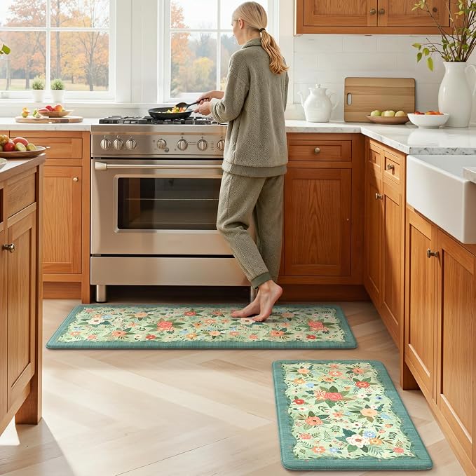 KIMODE Kitchen Mats for Floor Cushioned Anti Fatigue, Green Boho Flower Rug | 20"x47"+20"x32" Rugs for Kitchen Floor,Floral Kitchen Rugs Sets of 2,Comfort Kitchen Floor Mats,Standing Desk Mat for Sink