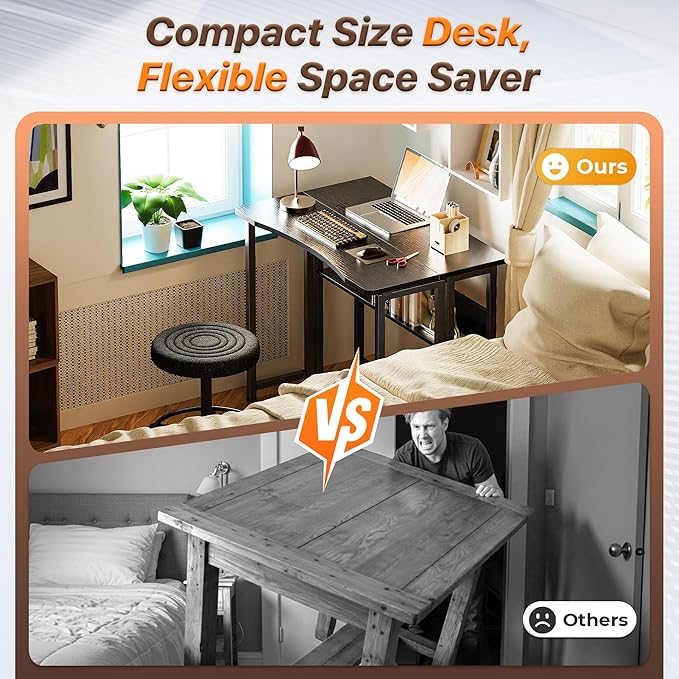 Huuger Folding Desk with Storage Shelf, 31.5 Inch Foldable Computer Table for Small Spaces, Space Saving Sofa Table for Couch, Writing Work Office Computer Desk, Easy to Fold, Black