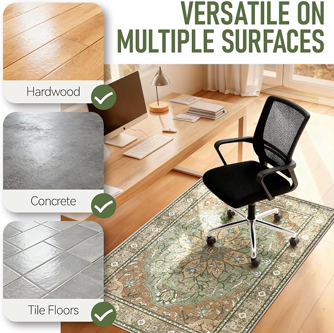 48"x60" Office Chair Mat for Hardwood, Under Desk Chair Mat for Home Office, Anti-Slip Office Rugs for Rolling Chairs, Floor Protector Washable Rugs Olive Green