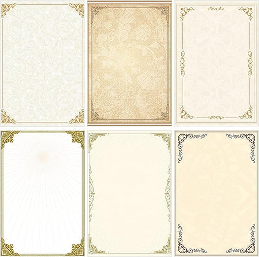 Supervitae 120 Vintage Stationery Paper, 8. 27 x 5. 51 Inch Double Sided Printing Antique Gold Border Elegant Retro Decorative Letter Sheets for Love Letter Party Invitations, 6 Designs