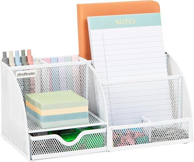 Mind Reader 7-Compartment Desktop Organizer, Metal Mesh, White | Desk Organizer for Pens, Sticky Notes, Mail, Office Supplies
