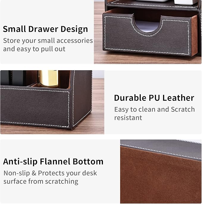 Pu Leather Desk Organizer Pen Pencil Holder Office Supplies Caddy Storage Box 6 Compartments with Drawer Brown