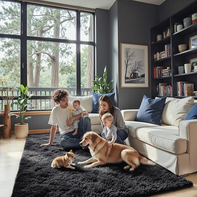 Rugs for Bedroom 4x6, Alfombras para Salas Shag Plush Soft Area Rug, Shaggy Carpets for Livingroom,Home Decor Aesthetic(4 x 6, Black)