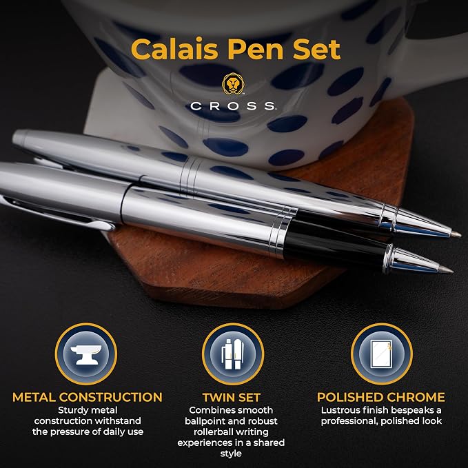 Cross Calais Engraved Ballpoint and Rollerball Pen Set, Chrome, Art Deco Design, Matching Engraving on Both Pens, Gift for Graduation, Writers, Career Advancement, Cross Gift Box
