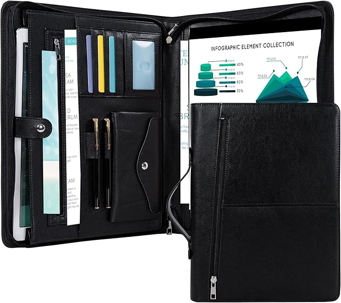 Calfinder Portfolio Binder, Portfolio with Handle and Zipper, Leather Portfolio for Men Women,Portfolio Organizer with Business Card Holder for A4 Letter Size Notepad,Gift for Father's Day