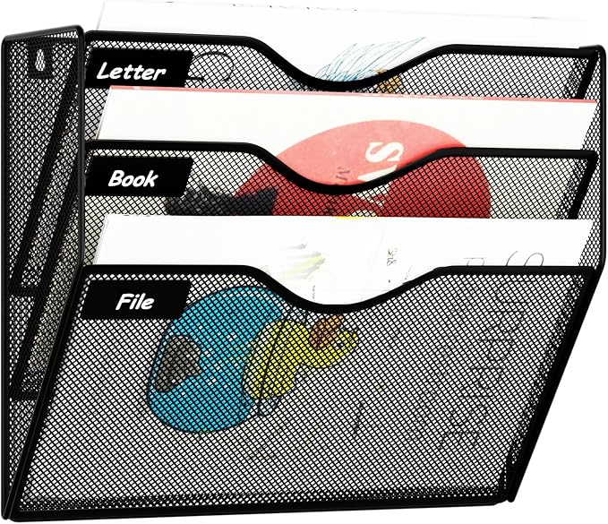 3 Pockets Hanging Wall File Organizer Mail Holder, Wall Mounted Paper Document Folder Holder, Clipboard Storage Organization Magazine Rack, Black