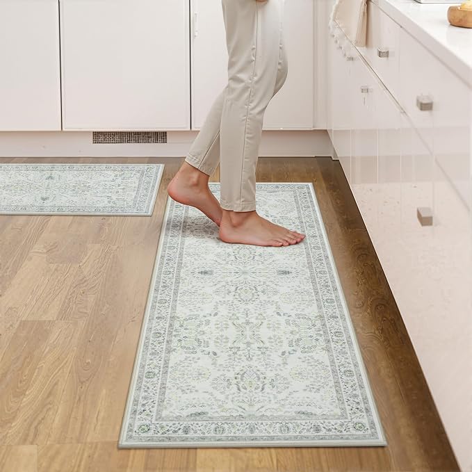 GRANNY SAYS Boho Kitchen Rug Sets of 2, Non Slip Washable Faux Wool Kitchen Mats for Floor, Thick Soft Anti-Fatigue Comfort Standing Mat Runner Rugs for Hallway Laundry Room, Green & White