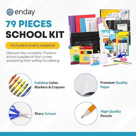 Enday 4th and 5th Grade School Supplies Kit - 79 Piece Back to School Supplies Kit, Premium Quality Kids School Supplies for Girls & Boys, Fourth & Fifth Grade Elementary School Supplies for Kids