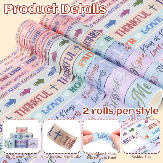 24 Rolls Christian Washi Tape Set Bible Verse Decorative Tape Aesthetic Pastel Faith Tapes for Bible Journaling Planner Scrapbooking Gift Wrapping Arts DIY Crafts