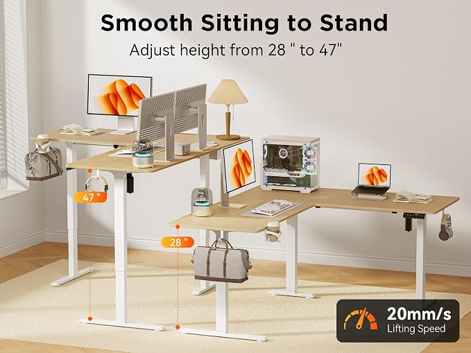 WALKINGDESK 55X45 Inches Reversible L Shaped Standing Desk Height Adjustable with Cup Holder, Electric Corner Computer Desk, Sit Stand up Home Office Desk, Ergonomic Gaming Desk, Oak