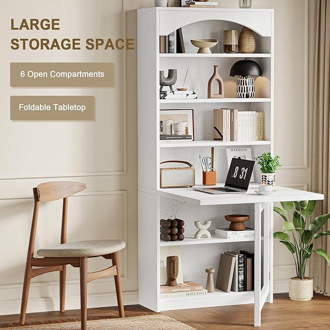Folding Desk with Storage, Space-Saving Foldable Convertible Writing Table, Wall Mount Fold Out Computer Desk for Home Office, Craft Room, Living Room, Bedroom, White