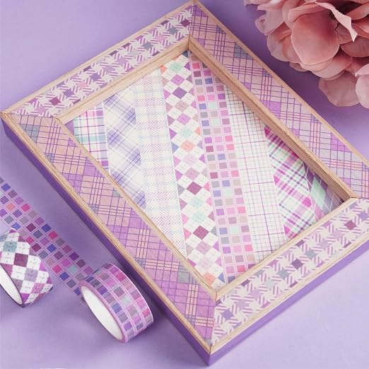 Basic Grid Washi Tape Set 12 Rolls Plaid Decorative Masking Tapes for Arts, DIY Crafts, Journals, Planners, Scrapbook, Wrapping (Purple)