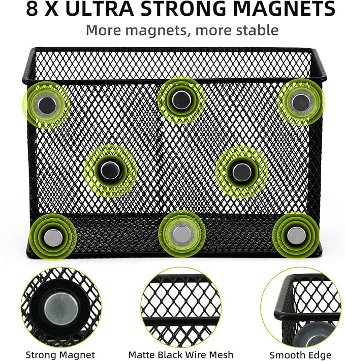 Neudeco Magnetic Locker Shelf Organizer, Black, Pack of 3 | Pencil Holder, Metal Storage Basket, For Whiteboard & Refrigerator, Ideal for School