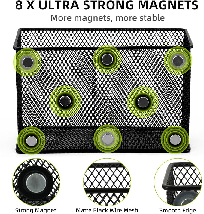 Neudeco Magnetic Locker Organizer, Wire Mesh Storage Basket, Black, 6-Pack | Strong Magnet, Pen Holder for Dry Erase Markers, For Fridge School