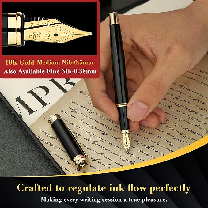MCNTEIK 317 Fountain Pen,Stunning Luxury Piano Lacquer,18K Gilded Nib(Medium),Gorgeous 24K Gold Finish, Ink Converter,Trustworthy Gift for Men&Women-Elegant,Executive,Nice Pens for Writing, BK-M