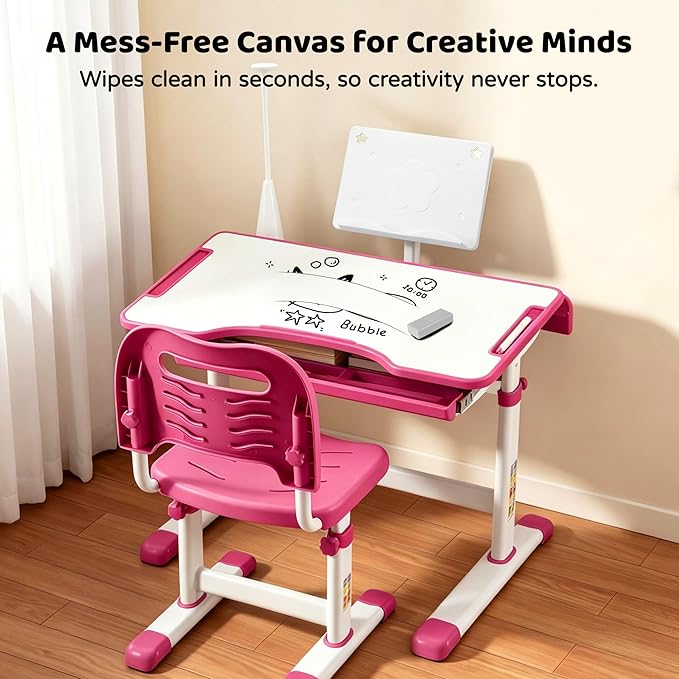 Diroan Kids Desk and Chair Set with LED Light, Height-Adjustable for Age 7+ | Ergonomic, Large 0‑45°desk, Sturdy steel frame, Storage drawer, Bookstand, Metal hook