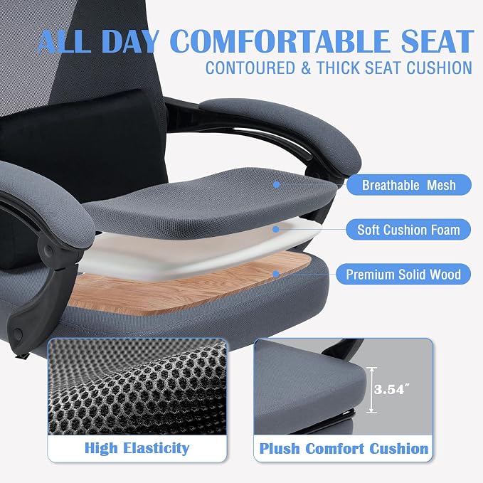 Ergonomic Office Desk Chair with Footrest - Adjustable Lumbar Support & 3D Headrest, 90-160° Reclining Mesh High-Back Rolling Work Swivel Computer Chair - Home Office/Gaming, 400lbs Capacity