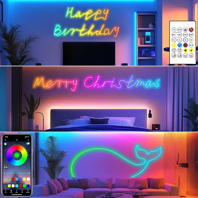 Cozylady 12M(2 Roll 6M) RGB Neon Lights LED Rope Light,40ft Waterproof Bluetooth APP Remote Control Music Sync Strip Light,24V Flexible DIY Silicone Light for Bedroom Home Indoor Outdoor Decor(40ft)