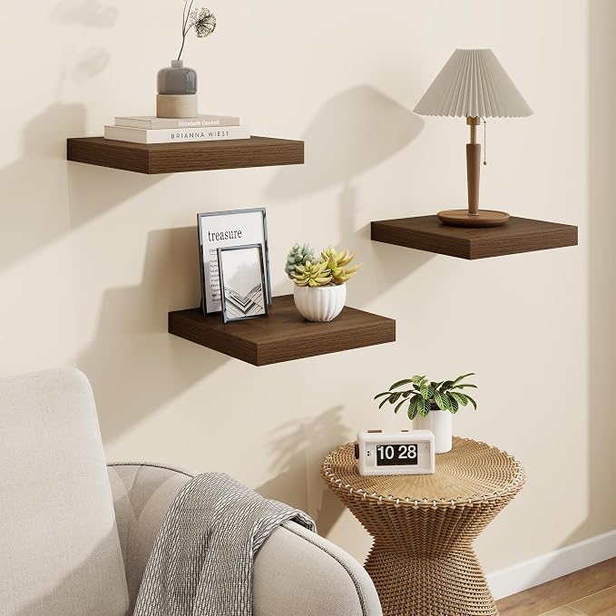 Square Floating Shelves for Wall, 10"W x 10"D x 1.25"H, 3 Packs Small Wall Mounted Engineered Wood Shelves with Invisible Brackets for Living Room, Bedroom, Bathroom, Kitchen Decor, Walnut