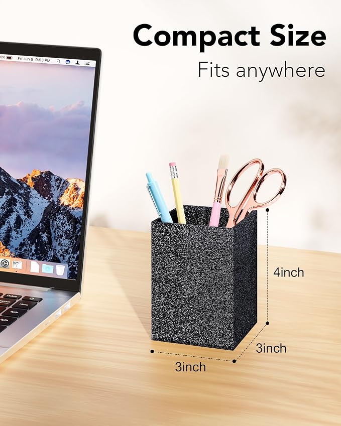 Acrylic Pen Holder Desk Organizer for Office, Black Glitter | Sparkling glitter acrylic makeup brush and pencil holder for desk, Modern desktop organizer for home, school and office