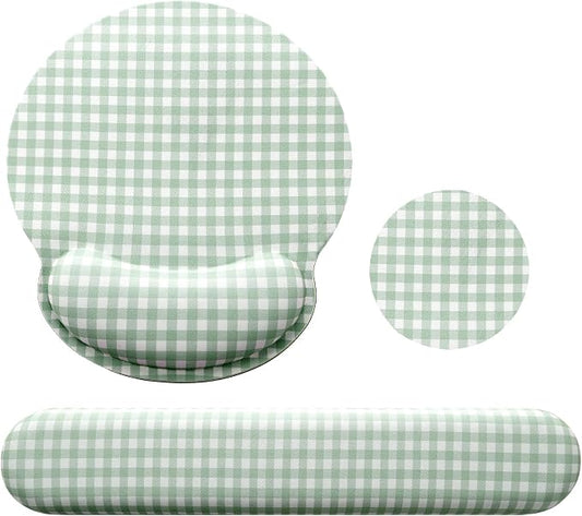 Tellegloww Wrist Rest Support for Mouse Pad&Keyboard Set, Green Gingham Checkered Circle Curved Ergonomic Mousepad&Coaster Non-Slip Base, Design for Office, Home, Laptop, Desktop Computer Keyboard