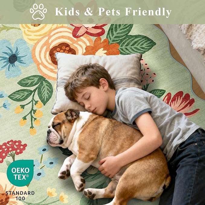DUKINO 5x7 Area Rug, Floral Washable Rugs for Living Room with Non Slip Backing & Non-Shedding, Lightwight Low Pile Boho Design Large Carpets for Bedroom, Living Room, Dining Room, Green