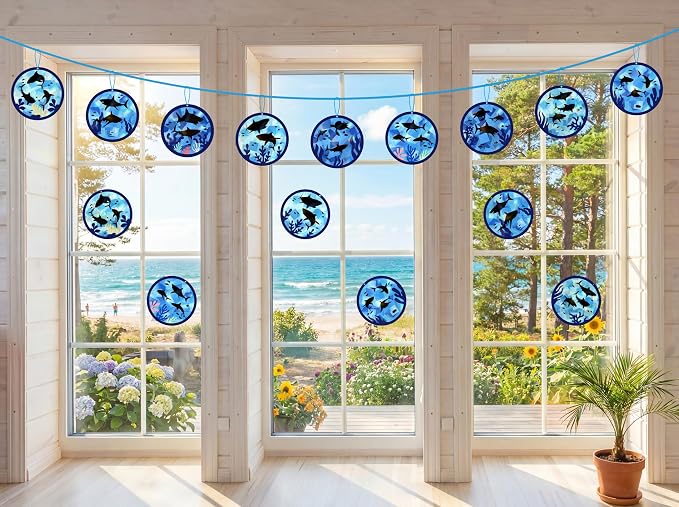 48PCS Summer Crafts: Paper Shark Suncatchers DIY Kits, Window Stained Glass Effect Art Supplies