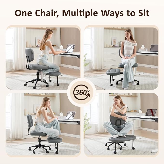 Criss Cross Chair Armless Office Chair for Cross Legged Sitting, 300lb Heavy Duty Ergonomic Desk Chair for ADHD, Adjustable Meditation Yoga Kneeling Chair with Brake Wheels for Home Office (Grey)