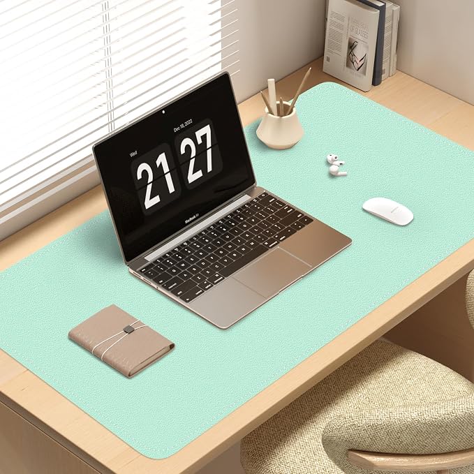 Dual-Sided Desk Mat, Large Pad, Waterproof Smooth PU Leather Blotter Protector, Mouse Pad, Desk Organizers, Office/Home Table Decor for Reading and Writing (Lake Green+Blue, 47.2''23.6'')