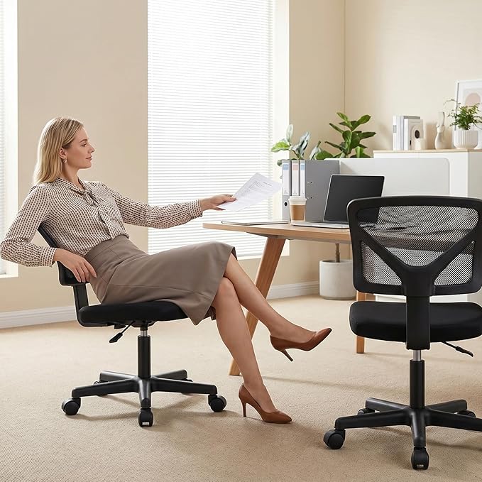 OLIXIS Armless Office Chair, Ergonomic Desk Chair with Wheels, Mesh Back, Removable Washable Foam Cushion, Height Adjustable Rolling Swivel Chairs for Small Space, Home, Office, Black