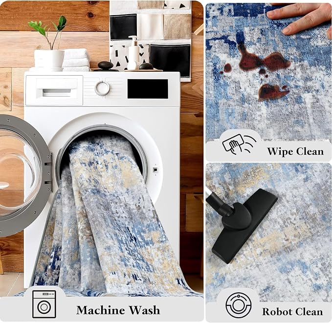 Macgace Washable Abstract Rug, 6x9 Modern Area Rugs with Non-Slip Rubber Backed for Living Room, Thin but Soft Contemporary Carpet Kitchen Bedroom Dining Room Decor, Midnight Blue